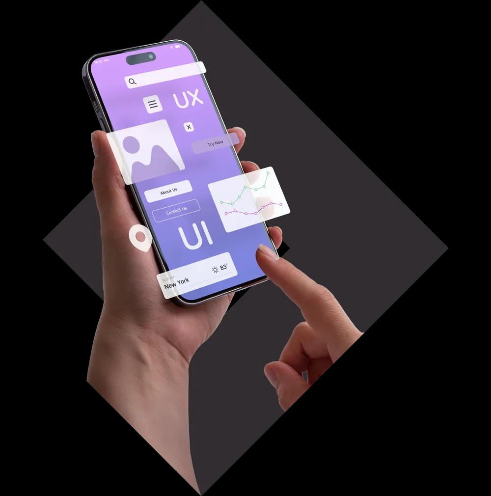 A hand holding a smartphone with a touch screen, showcasing the expertise of a UI UX design agency