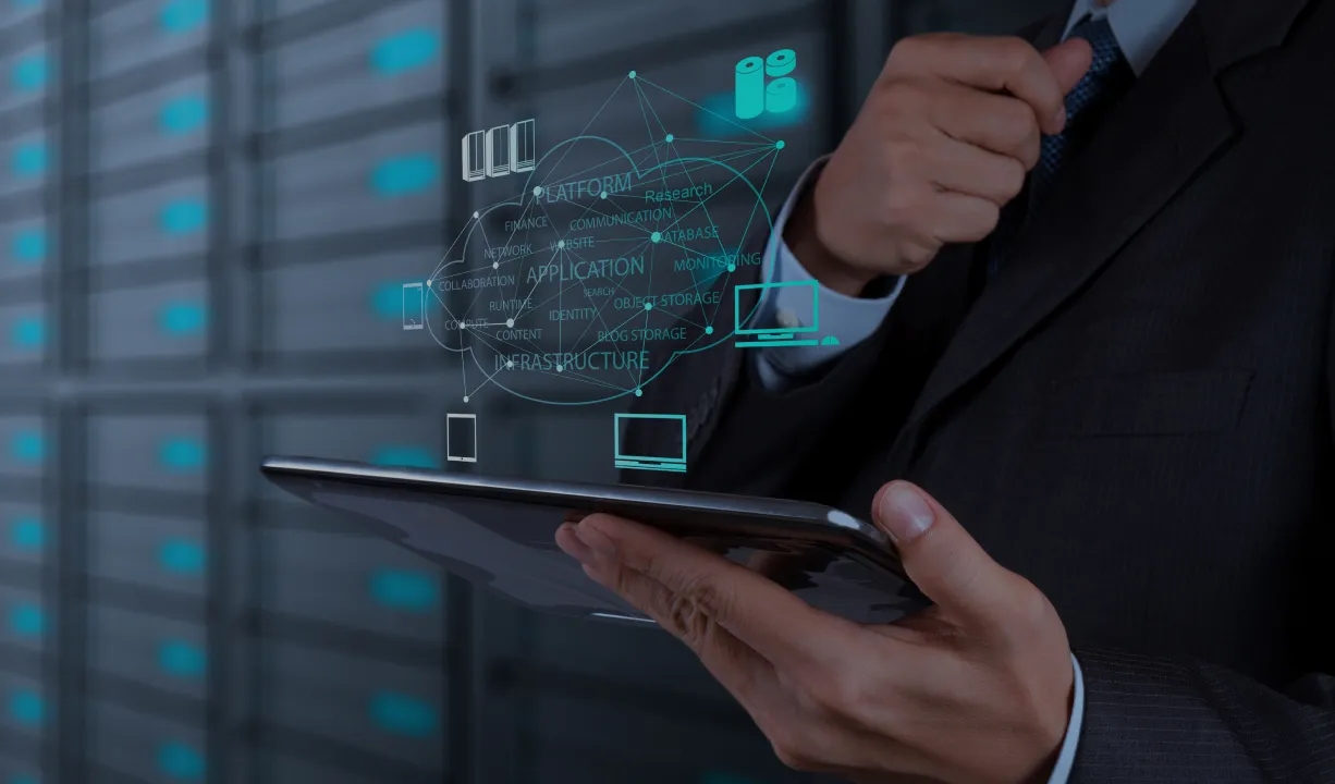 Cloud infrastructure management for business services: A digital interface displaying servers, networks, and data centers for efficient business operations.