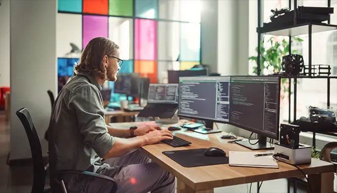 A man sitting at a desk with two computers, managing IT services for digital transformation